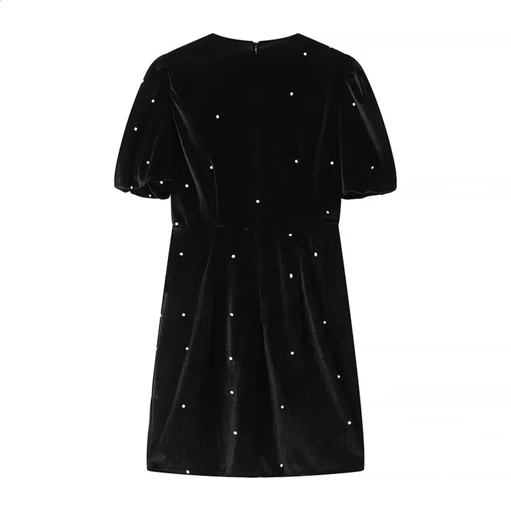 UNIZER Spring Product Womens Fashion and Elegance Slim Fit Velvet with Diamond Bow and Bubble Sleeve Dress 240819