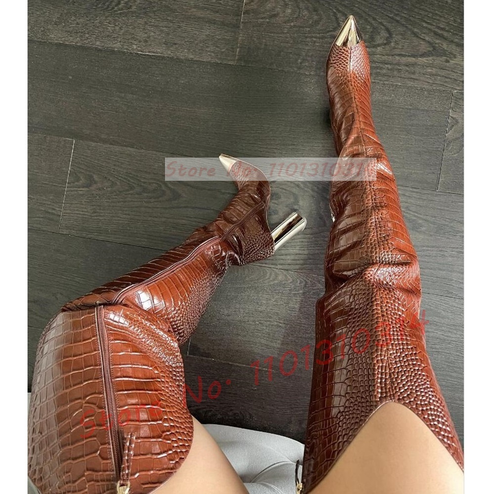Pointy Toe Croc Long Women Sexy Leather Splicing Gold Thick Heels Zipper Boots Ladies Winter Thigh High Shoes