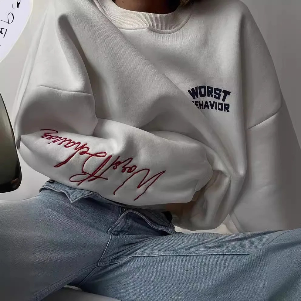 Early Autumn Korean Womens Fashion Letter Printing Round Neck Loose Plus Wool Hoodie 240814