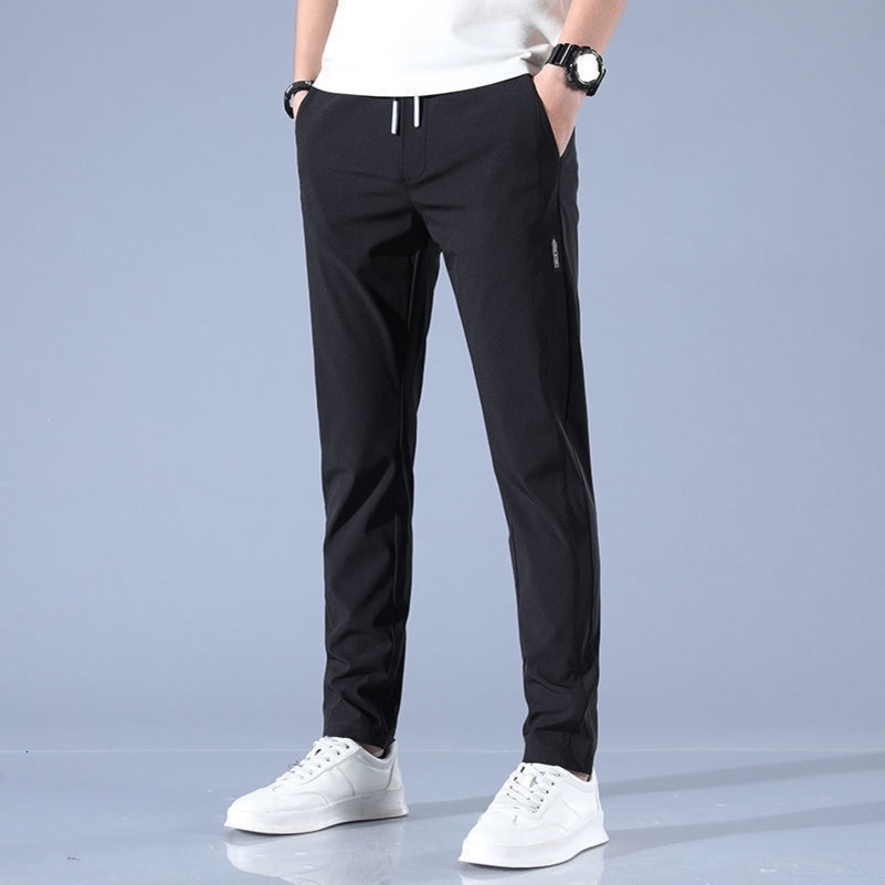 Ice Silk Mens Pants 2024 Summer Black Gray Thin Business Casual Pants Outdoor Elastic Breathable Straight Leg Sweatpants 240816