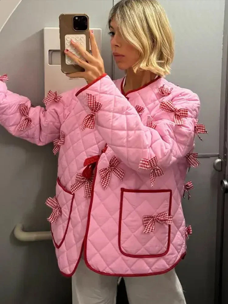 Fashion Bow Print Quilted Jacket for Women Long Sleeve O-neck Lace-up Hollow Out Padded Coats Female Casual Chic Ladies Outwears 240813