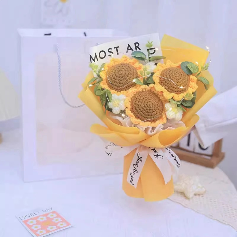 Finished Crochet Flowers Bouquet Handmade SunFlower Bouquet Valentines Gift Wedding Decor Knitted Flower Bouquet with Gift Bag 240819
