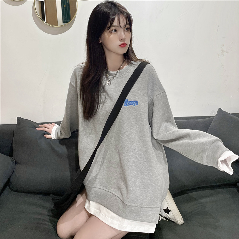 2024 autumn Korean version letter embroidery fake two thin style loose slit long sleeved hoodie women's pullover top 5e3cf