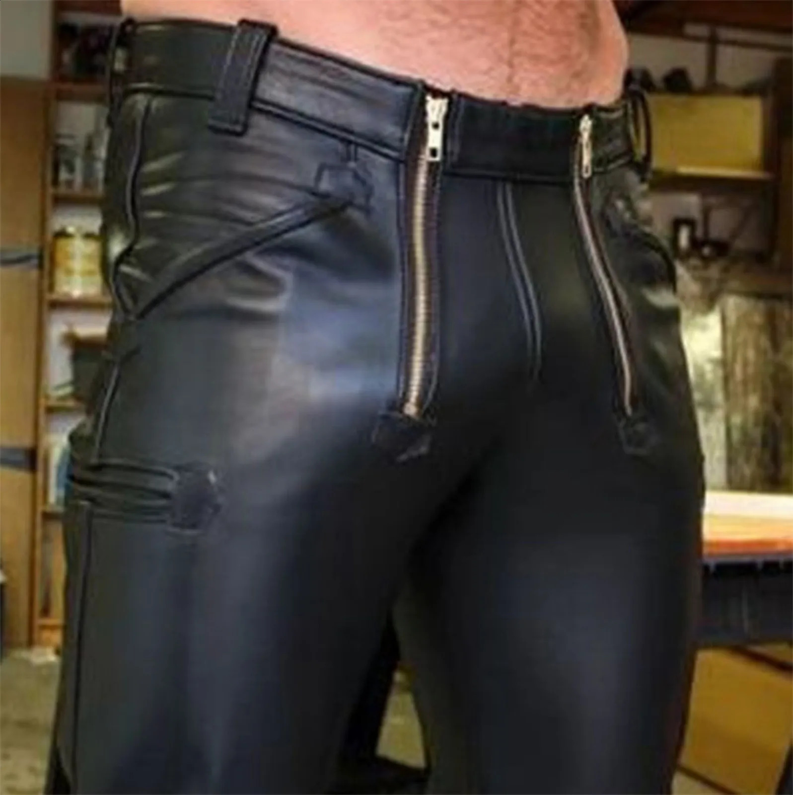 Fashion Men Latex Stretchy Leather Pants Slim Clothing PU Leather Skinny Pants Wet Look Tights Pants Streetwear Trousers 240816CJ