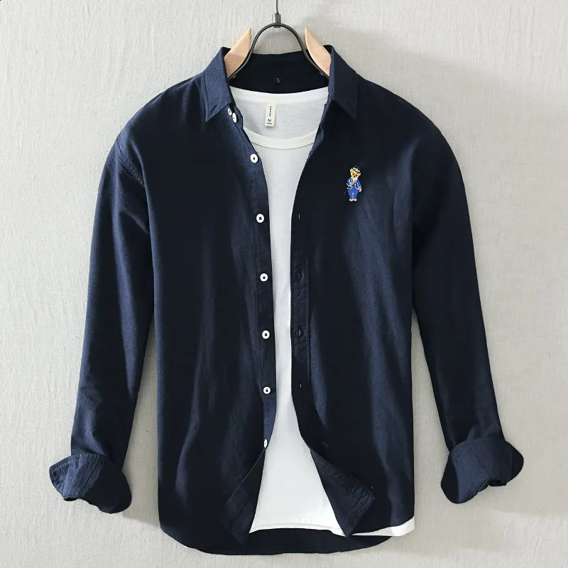 High Quality 100% Cotton Japanese Solid Color Casual Long Sleeved Shirt Little Bear Embroidery Fit Shirt Jacket GZ10