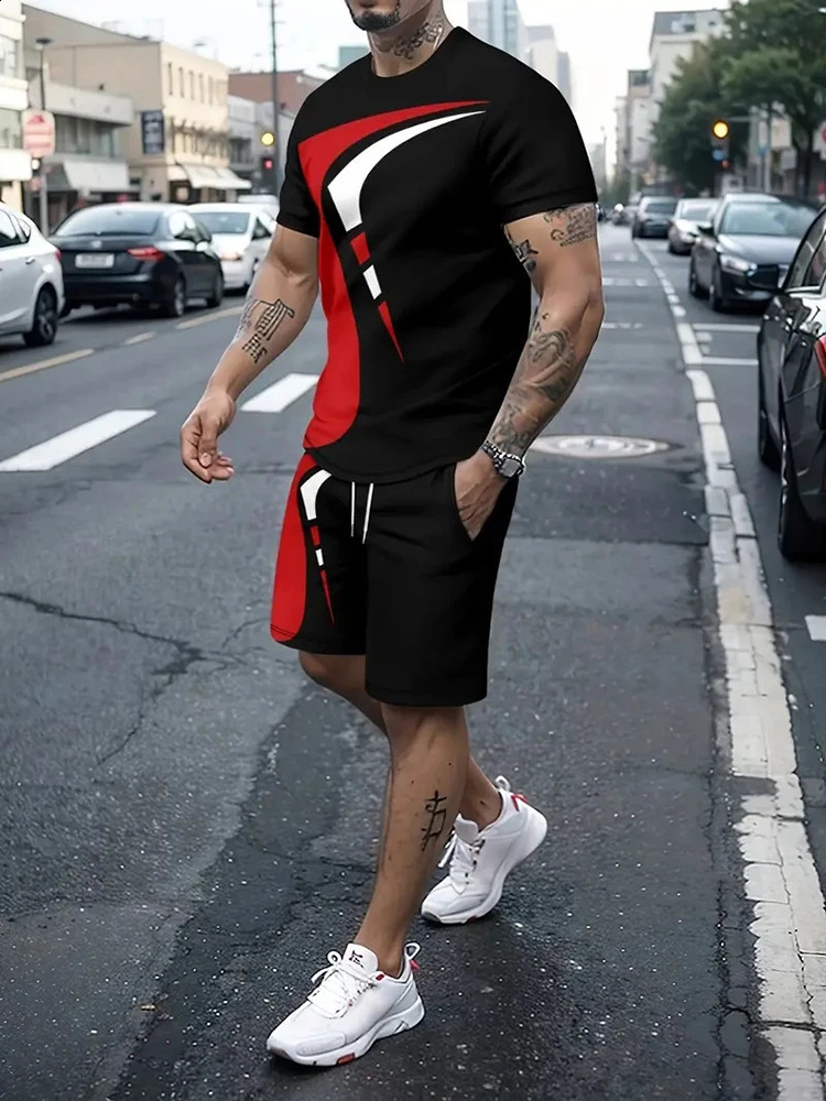 Summer Street Mens Suit Daily Casual Fashion Loose Comfortable Short Sleeves Outdoor Trend Sports Shorts Novelty Striped Print 240816