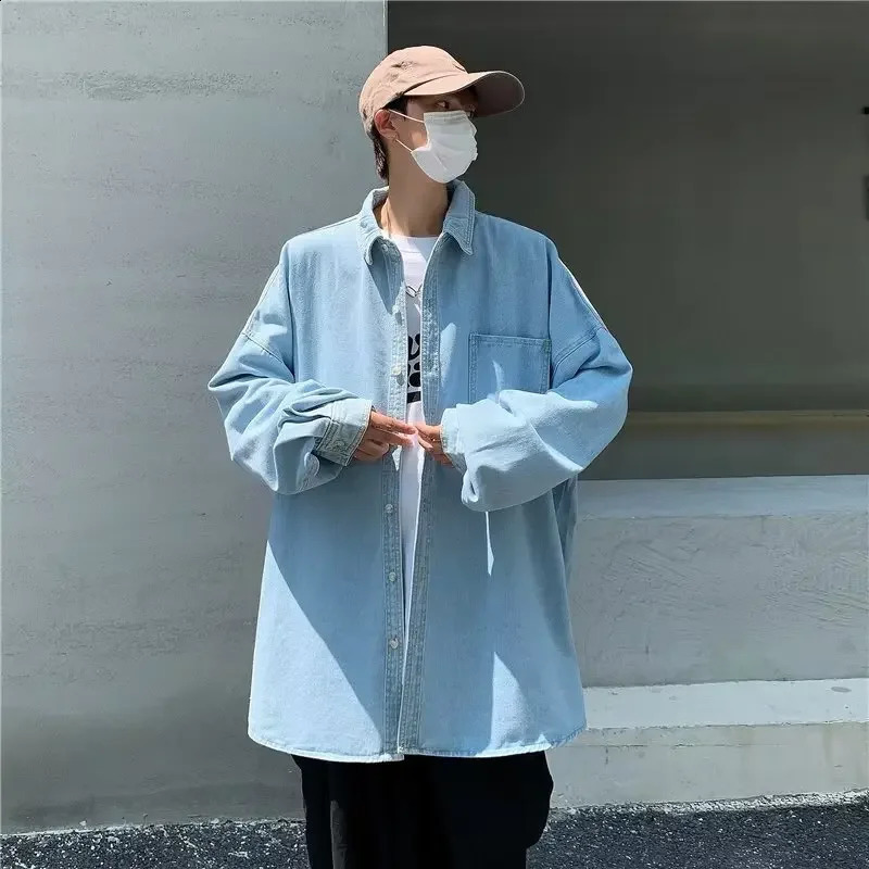 Unisex Denim Long Sleeve Shirt Oversize Autumn Loose Fit Japanese Style Casual Versatile City Jacket For Men Women 240816