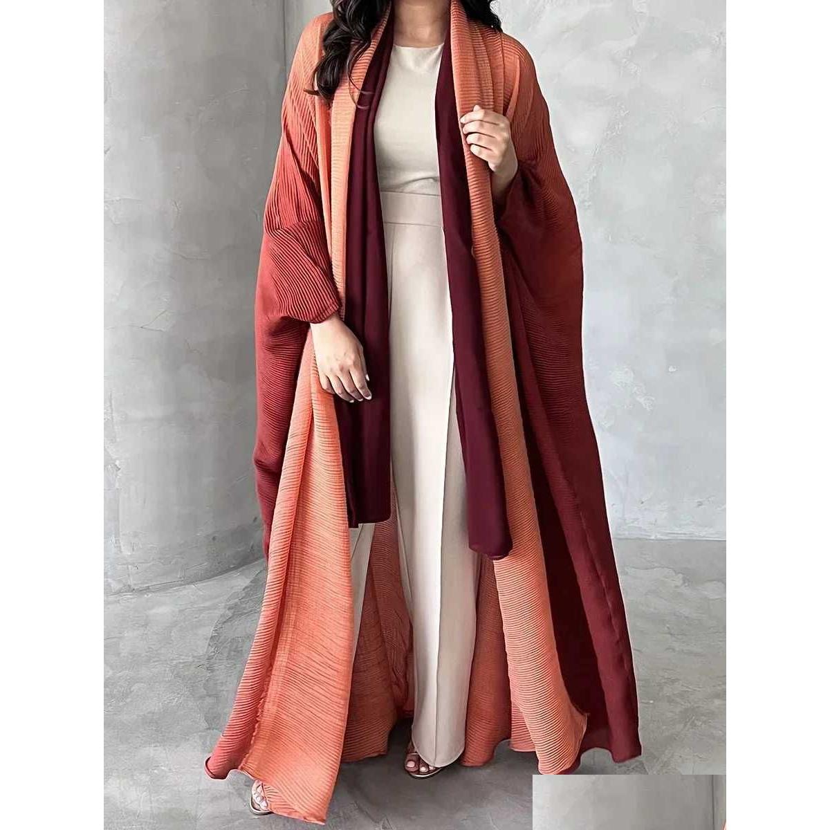 Ethnic Clothing Muslim Abaya For Women Bat Se Pleated Gradient Cardigan Trench Coat 2023 Autumn Dubai Abayas Plus Size Womens D Otxbc