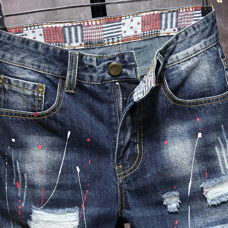 Summer Cotton Shorts Plus Size 28-40 Patchwork Denim Pants Streetwear Stacked Mens Ripped Short Graffiti Painted Jeans 240819