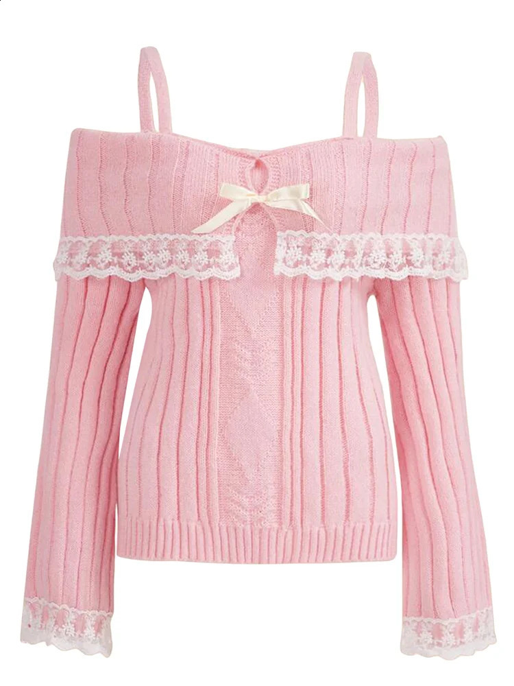 CHRONSTYLE Women Off Shoulder Sweaters Long Sleeve Lace Patchwork Knitted Ribbed Pullovers Front Bow Jumpers Top Streetwear 240819