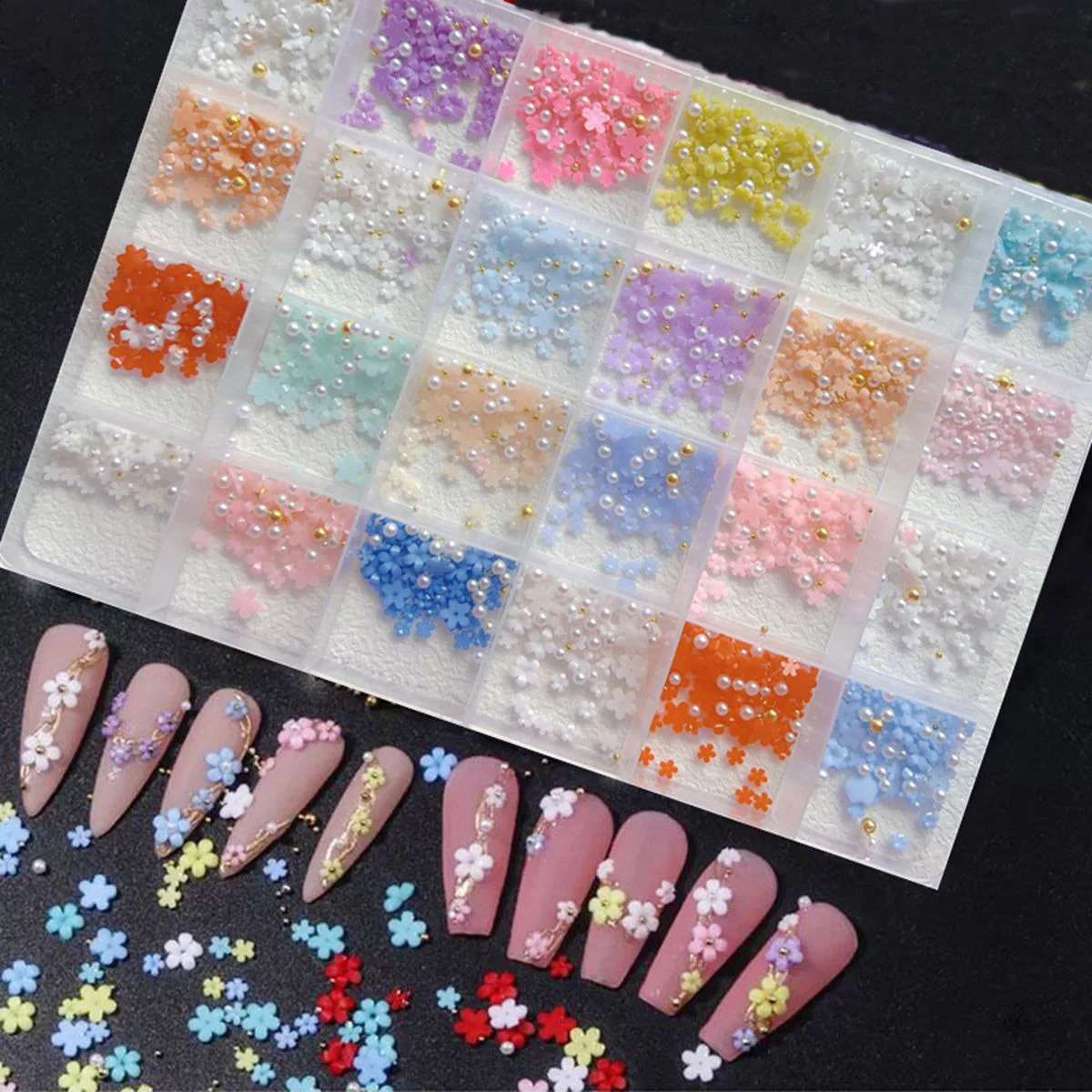 1Set Mini White and Color Flowers with Beads Nail Art Decoration 240814
