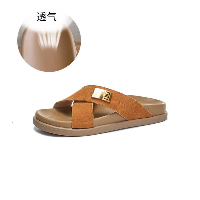 Ddmysports Genuine Leather In The Summer Of New Fashionable Outerwear Sandals Casual And Versatile Half Slippers For Women With Flat Bottoms OUTDOOR