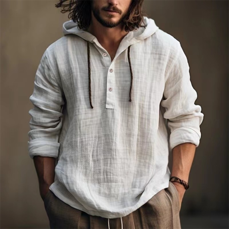 Men Shirts Hoodie Blouse Long Sleeve Buttons Pullover Solid Comfortable Cotton Linen Casual Loose Holiday Shirts Male Tee Tops 240816