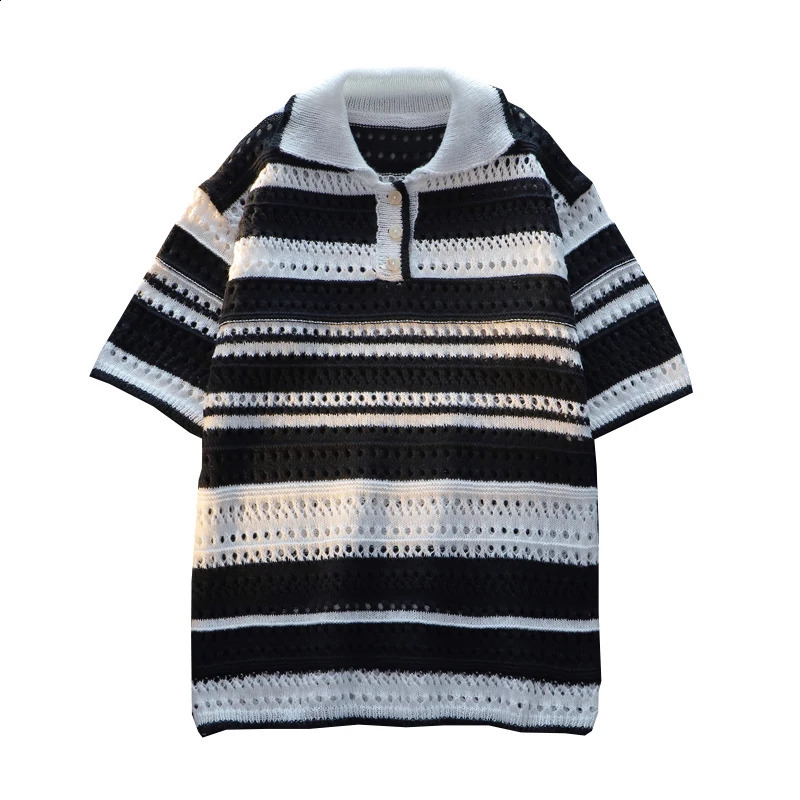 Mens Summer Casual Short Sleeves High Quality Knitted Polo ShirtsMale Slim Fit Hollow Out Plaid Leisure Polo Shirts Tops B47 240816