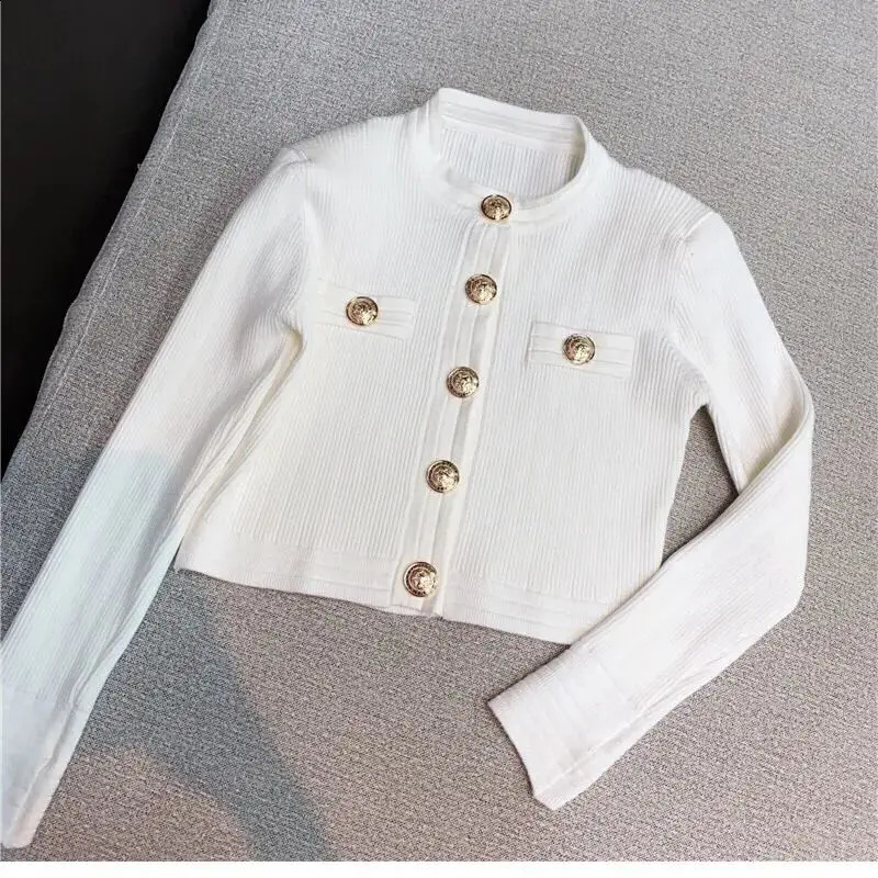 Korobov Elegant OL Long Sleeve O Neck Women Sweaters Autumn Winter Button Korean Fashion Cropped Cardigan 240819