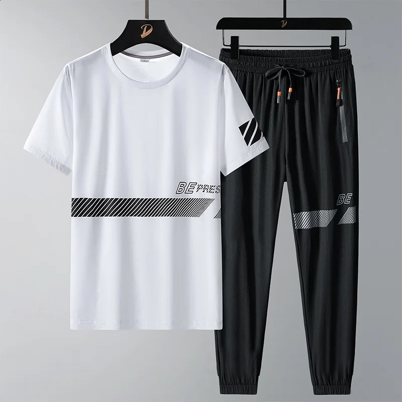 Men T Shirt Suit Pants 2 Piece Set Oversize 6XL 7XL 8XL Plus Size Short Sleeve Black T-shirts Summer Fashion Loose Drop 240816