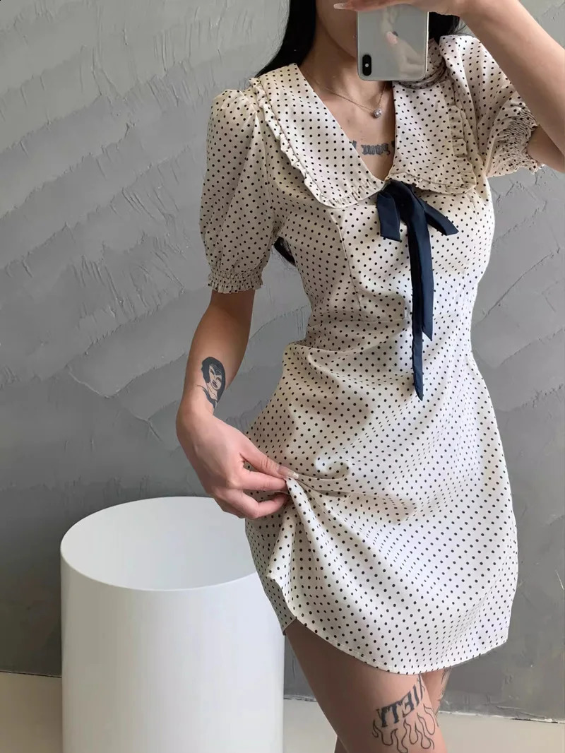 Women Oversized Collar Puff Sleeve Mini Dress With Bow Detail 240819