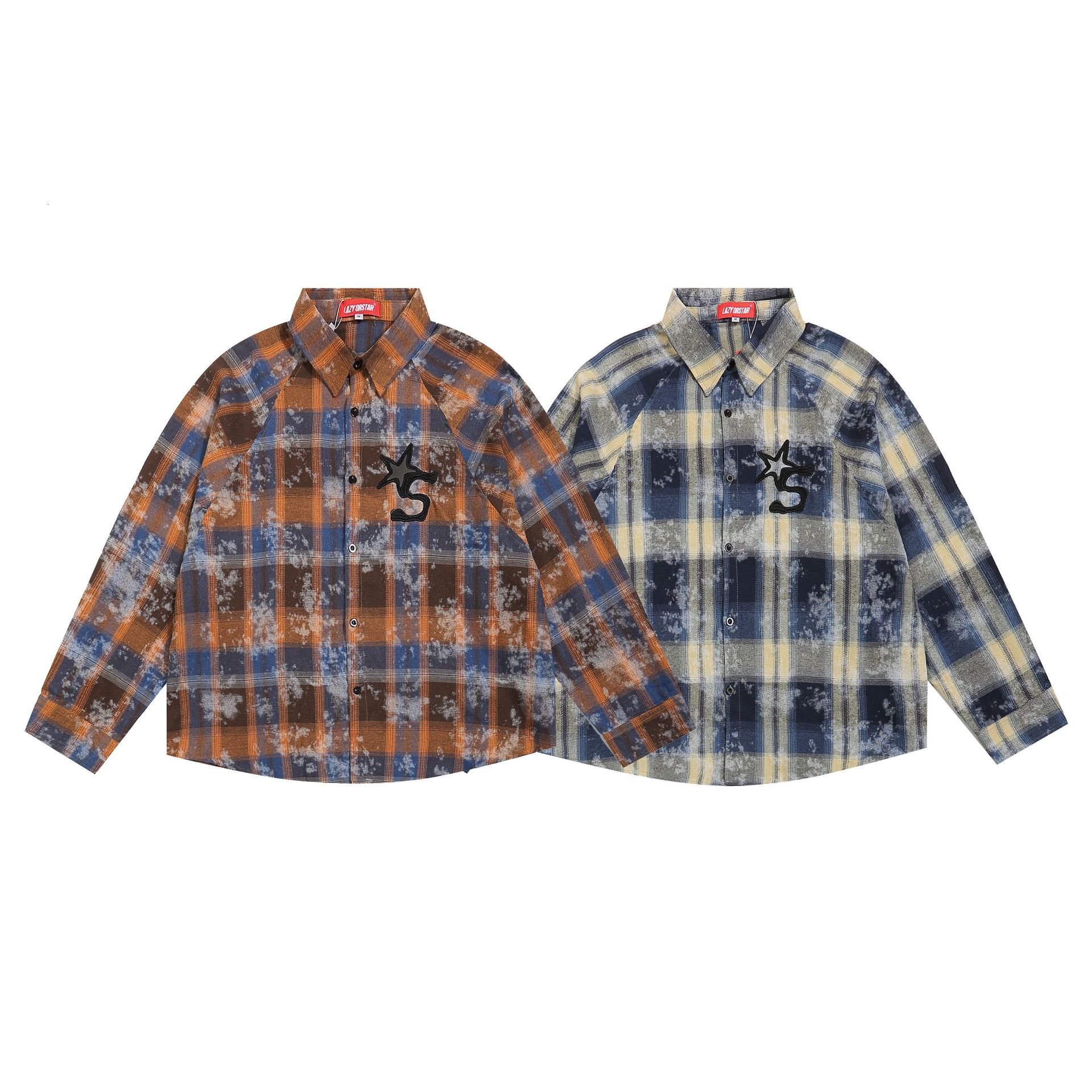 American Street High-end Neutral Spray Dirty Color Vintage Mens Long Sleeved Lapel Plaid Shirt