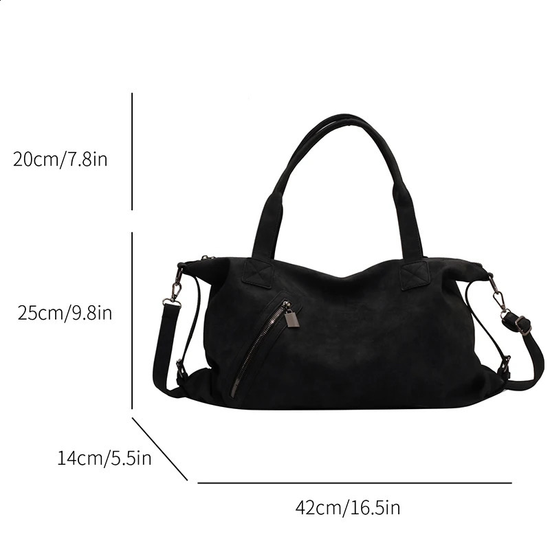 Female Black Shoulder Bag Large Capacity Nubuck Leather Womens Travel Crossbody Bags Ladies Chic Zipper Boston Handbag 240817