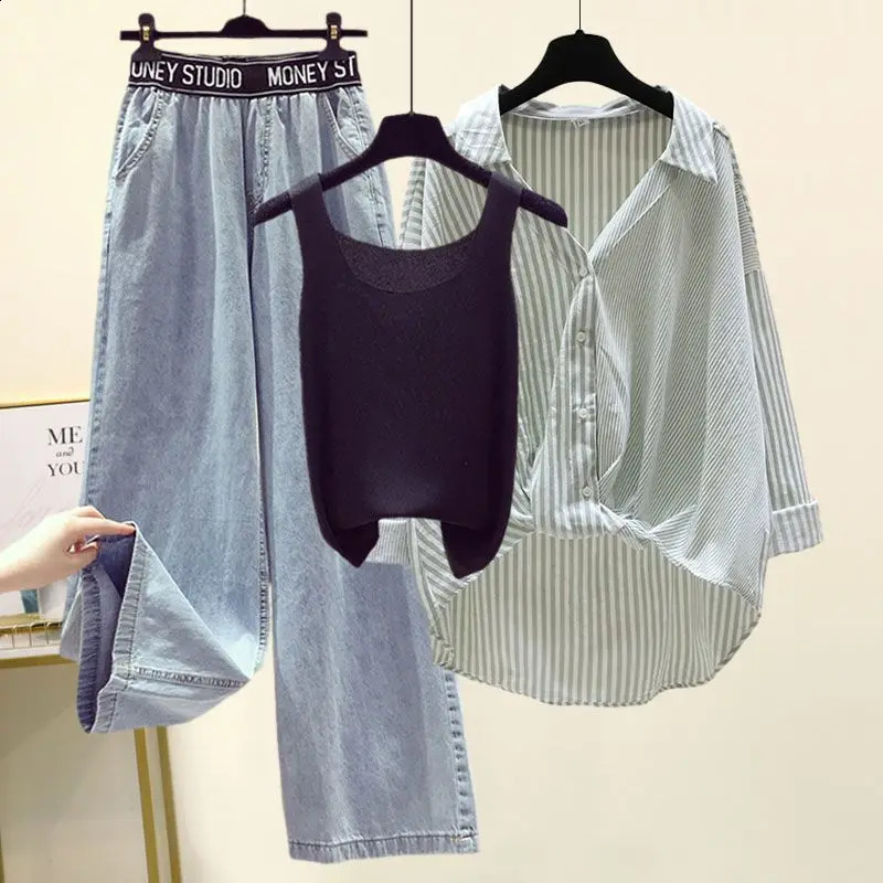 2024 Summer Womens Clothing Set Womens Casual Loose Shirt Tank Top Wide Leg Denim Pants 3-Piece Set Fashion Letter Jeans Shirt 240819
