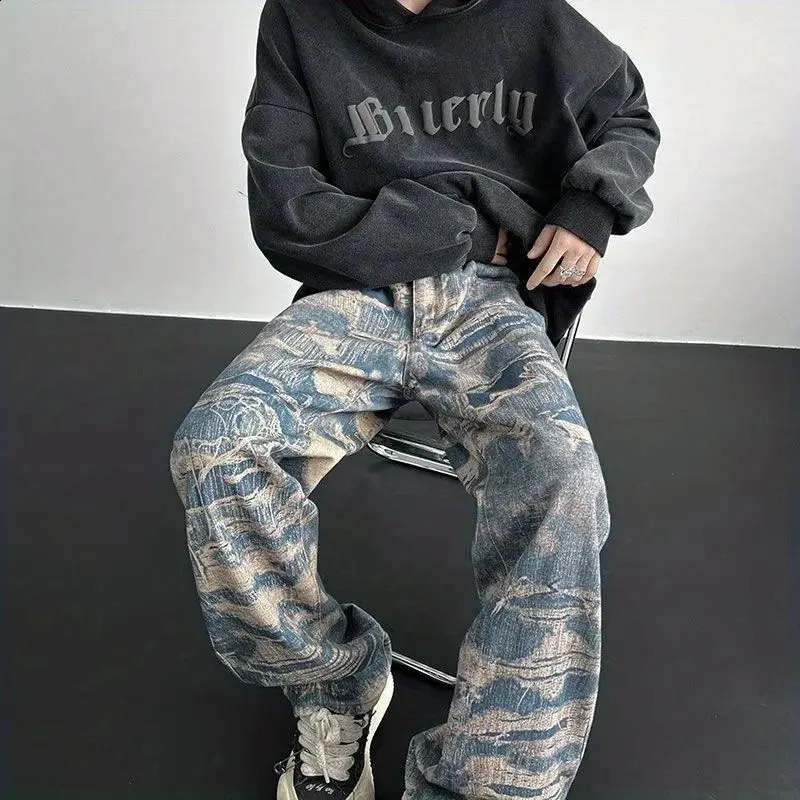 Autumn American High Street Men and Women Trendy Personality Full print Washed Jeans Straight fit Loose Hip Hop Casual Pants y2k 240819