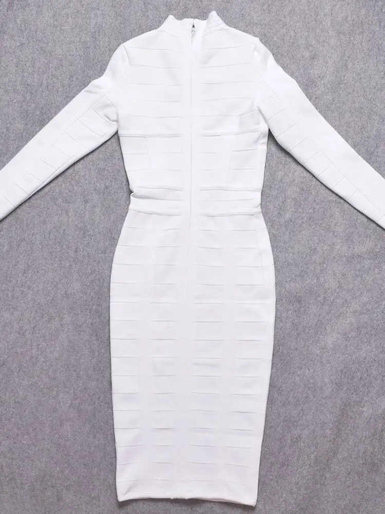 BEAUKEY Women White Hollow Out HL Bandage Dress Long Sleeve Bodycon Sexy Cut Out High Neck Party Red Black Midi Runway Dress XL 240819