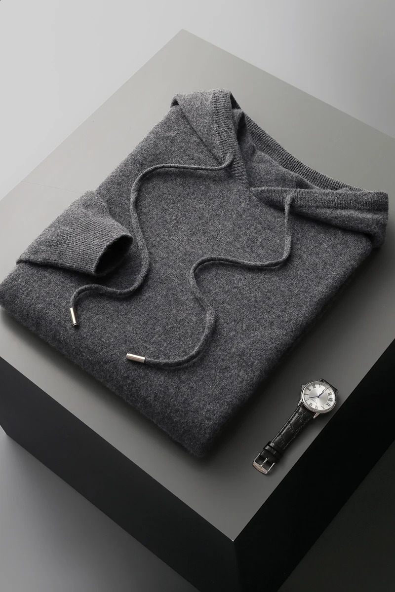 Mens sweater 100% pure wool knitted pullover autumn and winter thick cashmere casual loose hooded top 240819