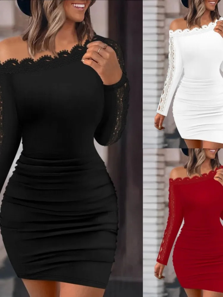 Sexy Off Shoulder Lace Slim Mini Dress Women Autumn Fashion Slash Neck Long Sleeve Dresses For Women Skinny Dress Vestidaos 240819