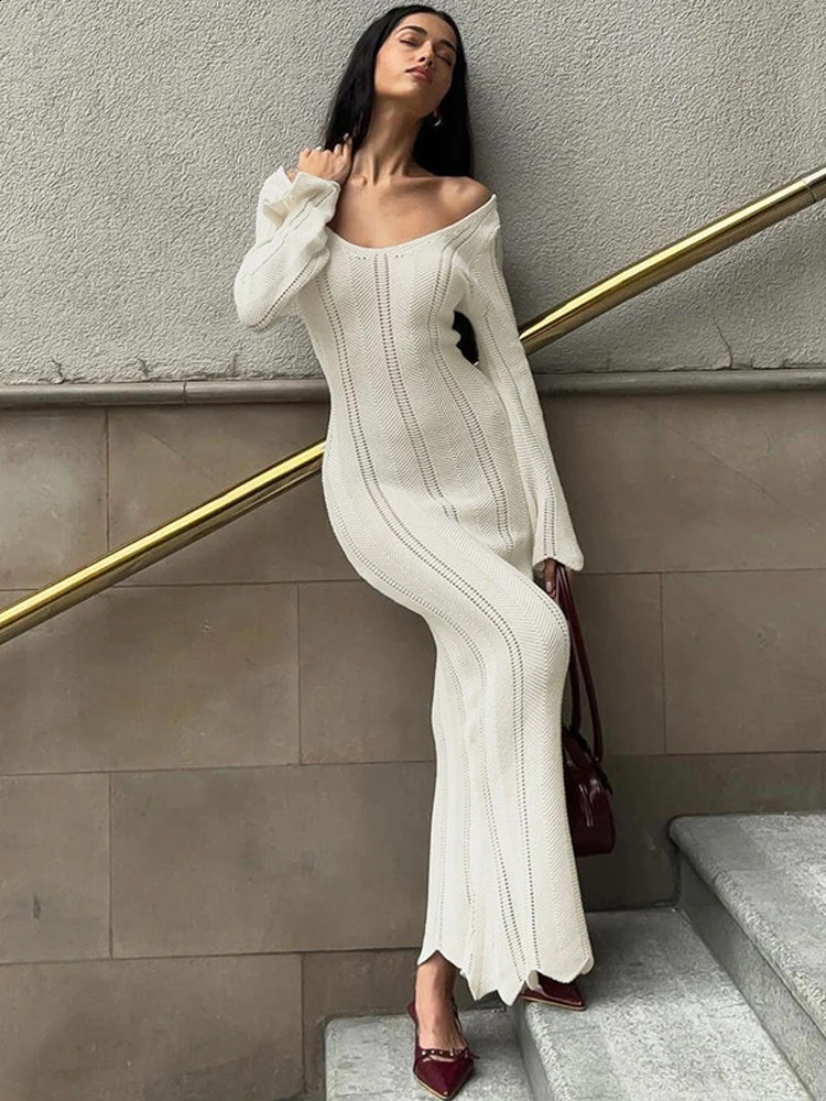 BKQU Knit Elegant Long Dress Women Sexy V-neck Hollow Out Vacation Slim Dress Autumn Long Sleeve Evening Party Sweater Dresses 240819