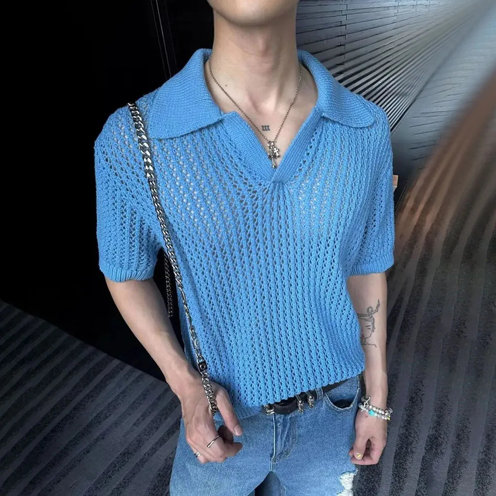 Mens Y2k Hollow Perspective Knitted Tops 2024 Daily Casual Personality Versatile Breathable Short-Sleeved Polo Shirt Men 240819