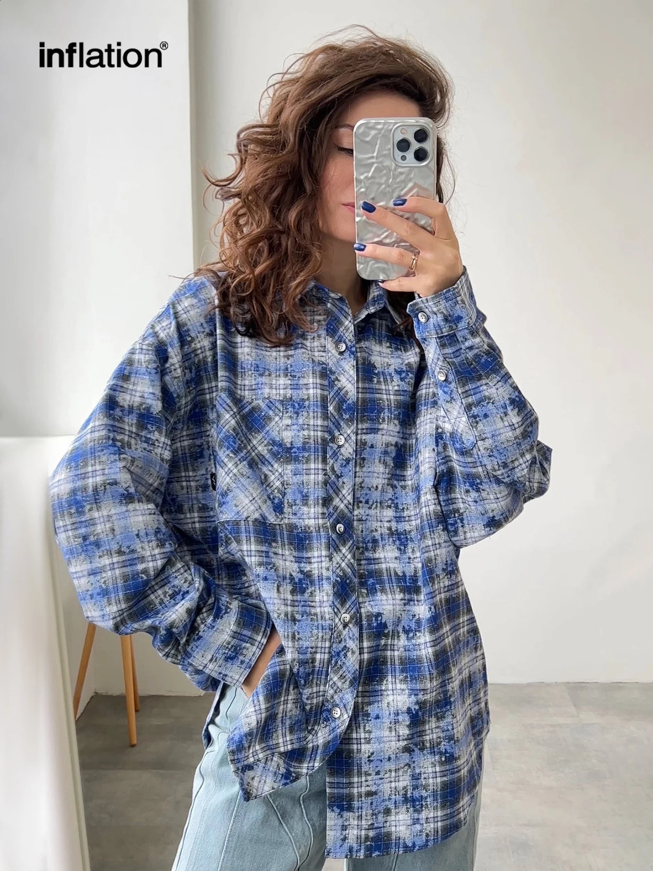 Inflatable brushed plaid mens blue long sleeved oversized plus size shirt 240819
