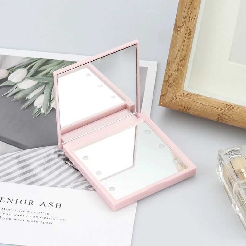 1pcs 6 LED Lamps Women Foldable Makeup Mirrors Lights Lady Cosmetic Hand Folding Portable Compact Pocket Mirror Makeup Tools Y240819