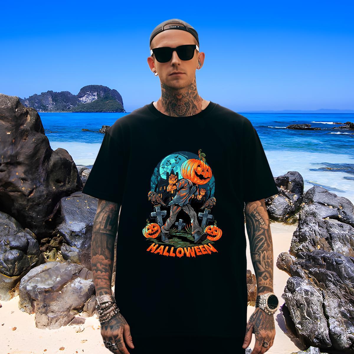 Loose Fit T-Shirts pumpkin Short Sleeve O-Neck Anime Printing Street Custom Printed 100% Cotton 230g Men Clothes T-Shirt Fashion Top Tees