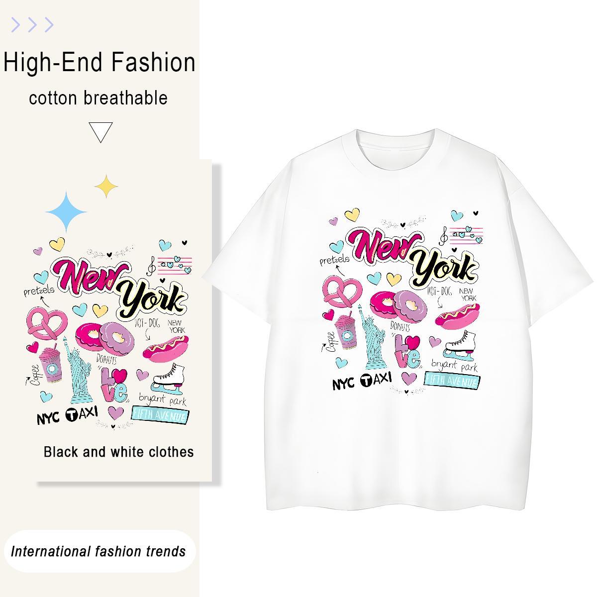 Loose New York 100% Cotton 230g Men Clothes T-Shirt Street O-Neck Short Sleeve T-Shirts for Men 2024 Cartoon Printing L-4XL Clothings