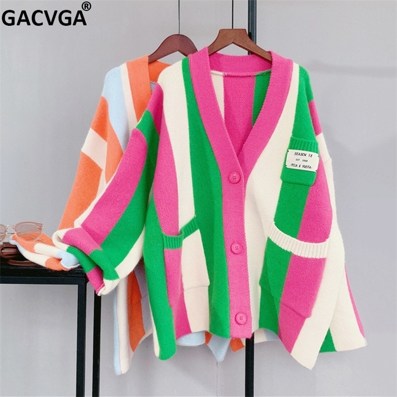 GACVGA Autumn Winter Striped Knitted Cardigan Women Long Sleeve Tops Loose Casual Sweater Fashion y2k Clothes Streetwear 240819