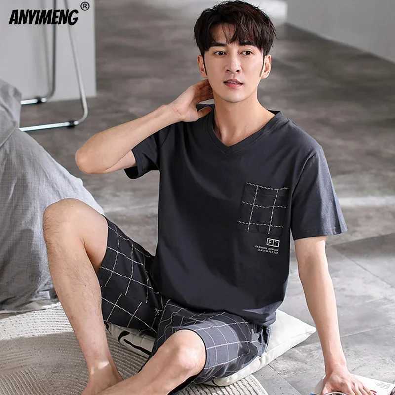 Dropshipping Pajama Set Mens Cotton Pajama Large Size 3xl 4xl Pajama Para Hombre Summer Cotton Short PajamaW240719