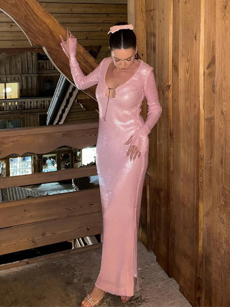 Ladies Lace Up Fishtail Dress Sexy Sequins Backless Nightclub Dresses Long Sleeved Autumn Elegant Mermaid Robe Womens Clothing 240819