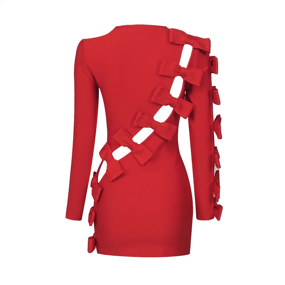 Women Sexy Bandage Dresses Fashion Bow Long Sleeve Clothes Club Party Hollow Out Dresses 240819