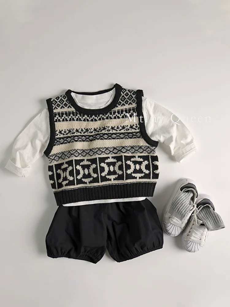 2024 Autumn New Children Sleeveless Knit Vest Fashion Print Boys Girls Casual Sweater Baby Knitted Windproof Vest Kids ClothesXJ240819
