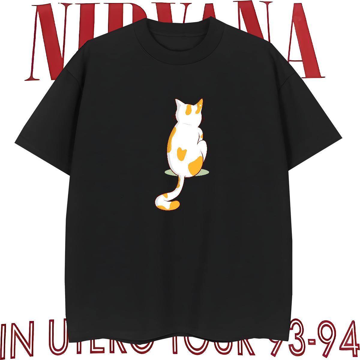 DIY Couples T Shirts cat Beach 100% Cotton 230g Wear Breathable Crew Neck Loose Fit T Shirts Men White Plus Size