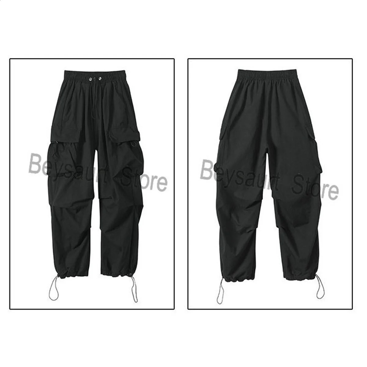 Streetwear Spring Harem Casual Pants Mens Elastic Waist Solid Color Cargo Multi Pocket Loose Womens Bag 240819