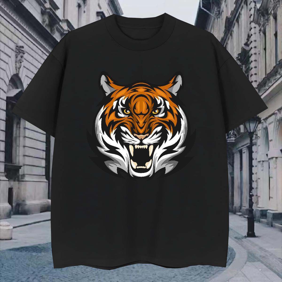 Classic Men T Shirts tiger Breathable Short Sleeve Casual Beach Plus Size Cartoon 100% Cotton 230g Mens Tshirts 2024 Tee Shirt