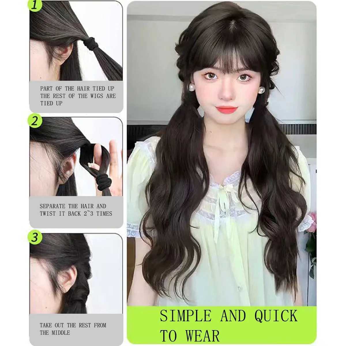 Synthetic rubber with ponytail cute woman black slightly curled ponytail extension heat-resistant wig W240817
