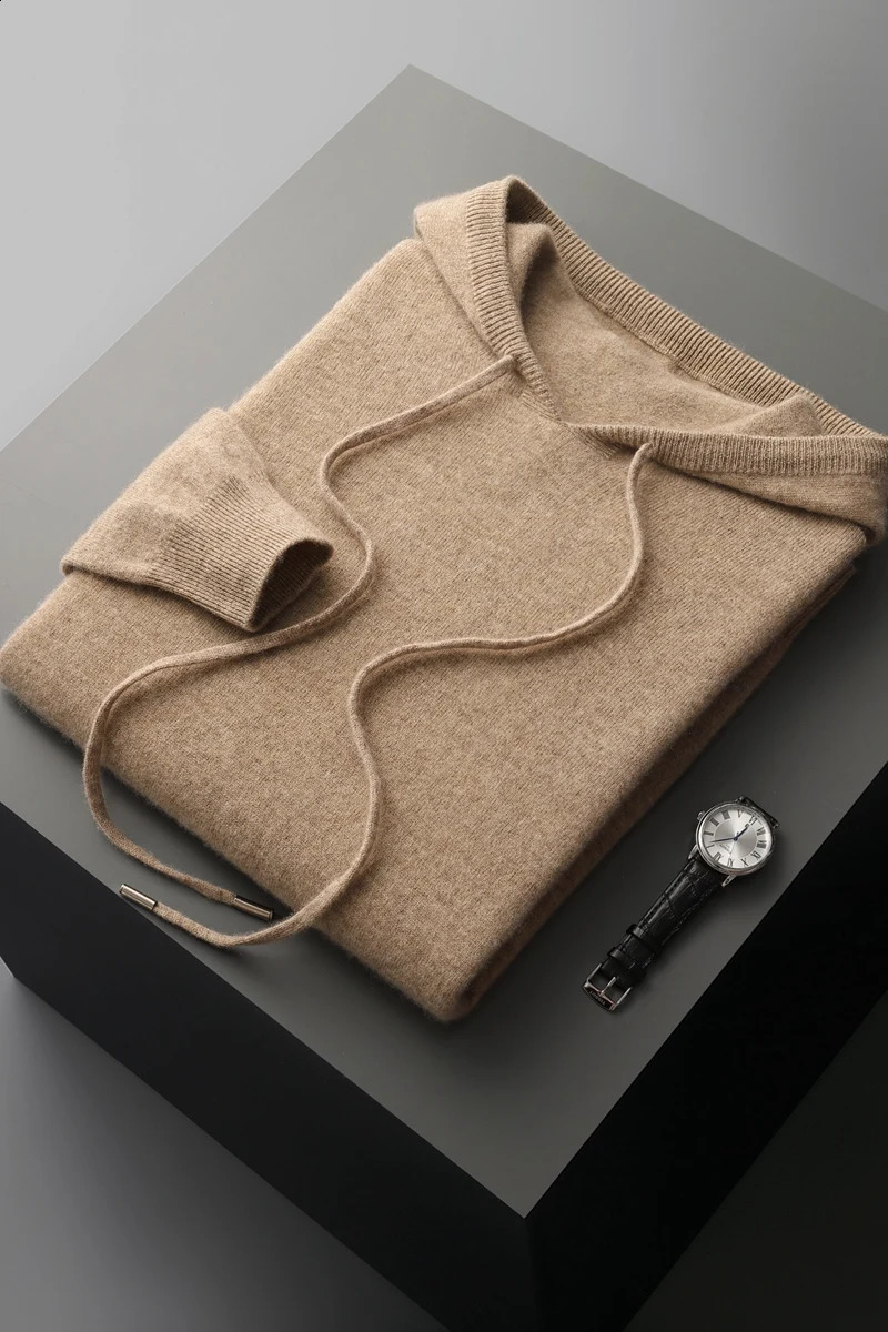 Mens sweater 100% pure wool knitted pullover autumn and winter thick cashmere casual loose hooded top 240819