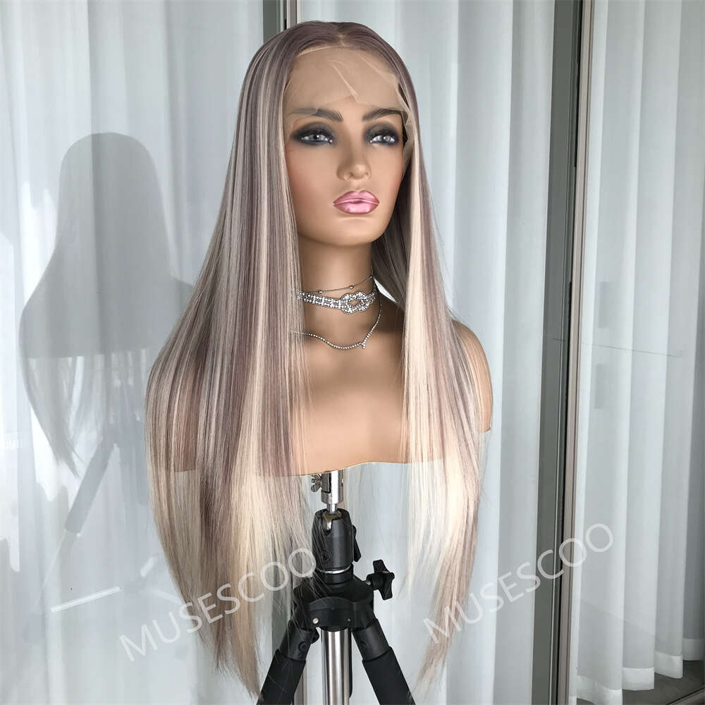 Straight Front Pre Plucked Synthetic Lace Wigs For Women Highlight Blonde Balayage Heat Resistant Fiber Wig Daily Use