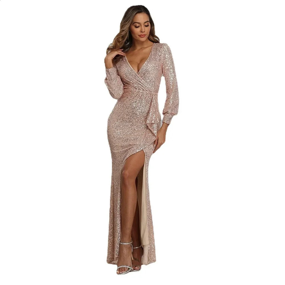 Cross-border Socialite Style Party Dress Long Sexy High Side Slit Long Sleeve Sequins Evening Dress For Women 240819
