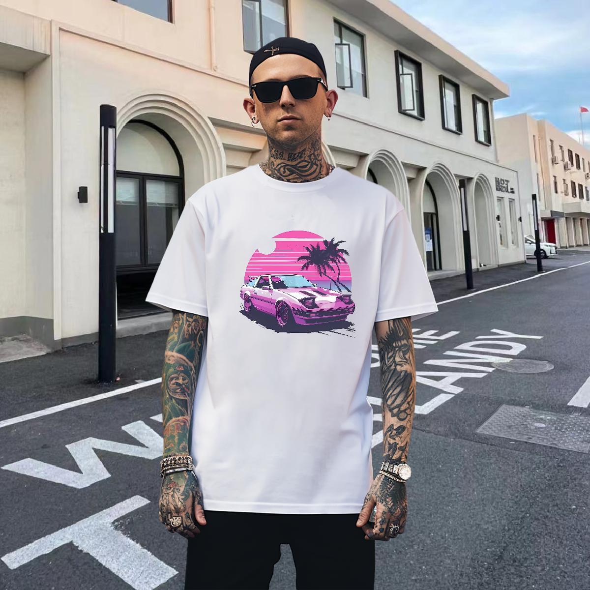 Loose Fit Mens Tshirts Beach 230g Pure Cotton Anime Print Short Sleeve O-Neck beach T-Shirts for Men Fashion Wear