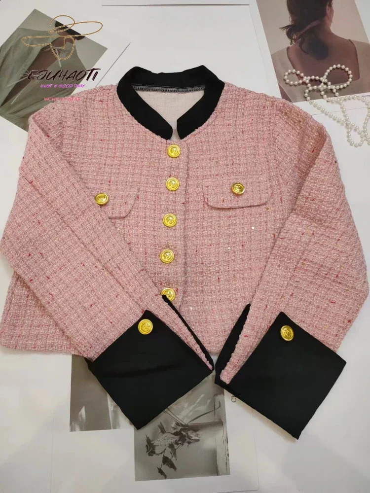 Womens jacket short contrast color joint tweet stand collar small perfume blouse womens clothing Korean fashion 240819