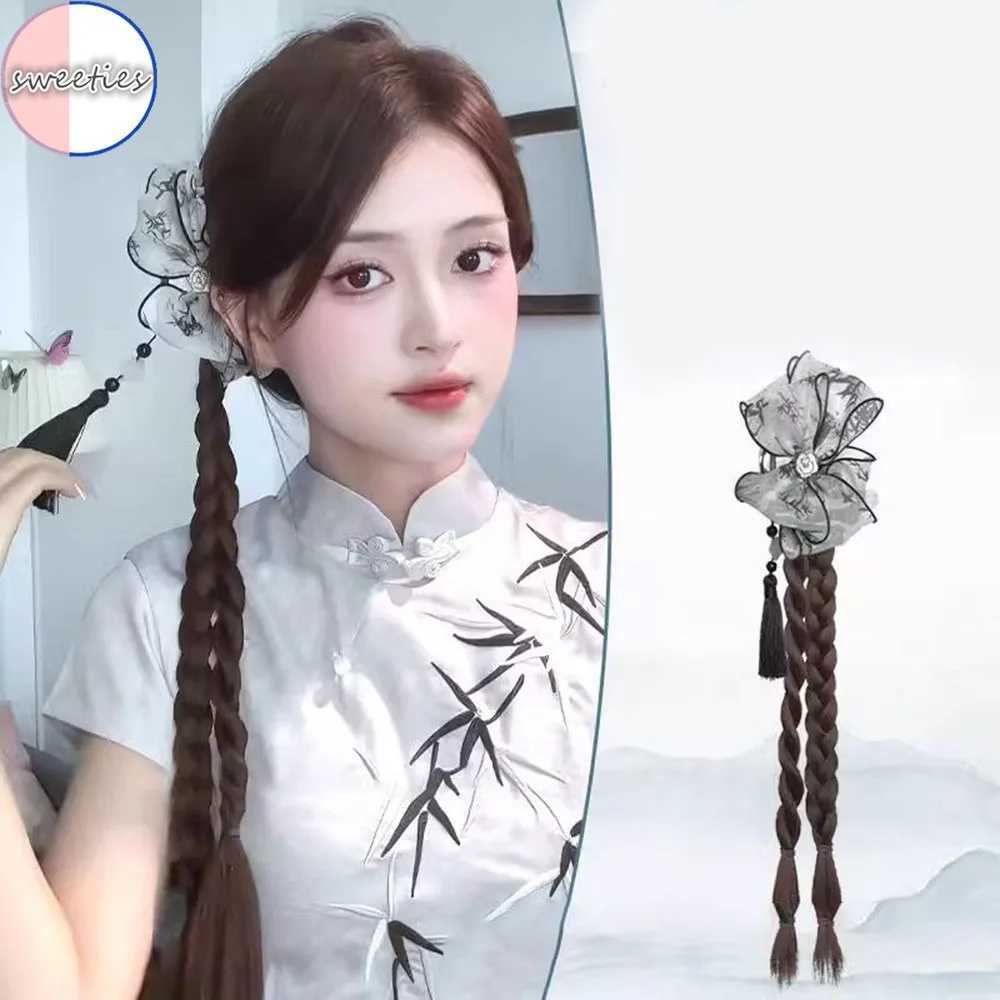 Chinese style bow clip style ponytail synthetic Wigs womens retro gentle boxing chest braid hair extension 50cm W240817