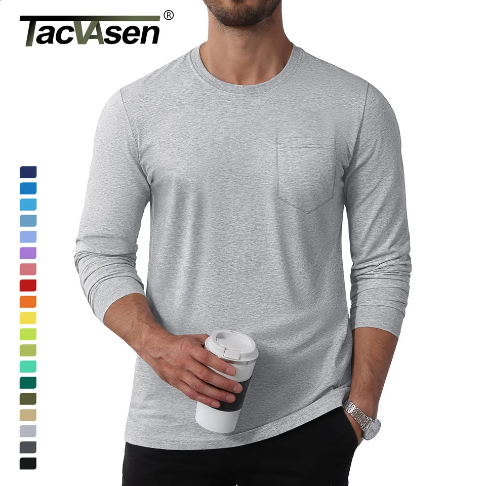 TACVASEN Long Sleeve Cotton T-shirts Mens Chest Pocket Casual T-shirt Moisture Wicking Crew Neck Basic Tee Tops Male Pullover 240820